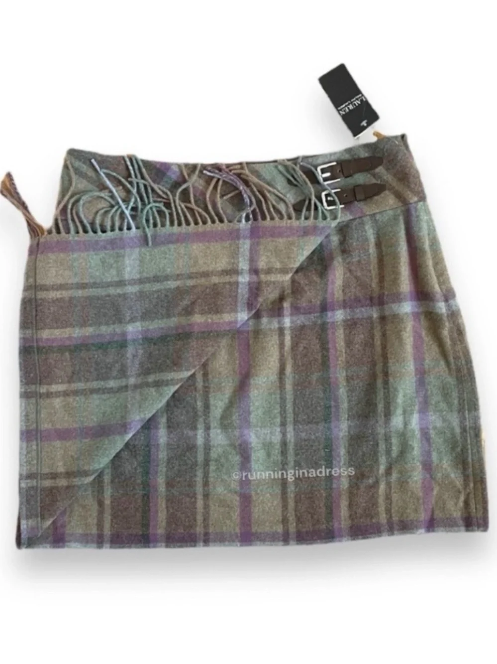 NWT Lauren Ralph Lauren Wool Plaid Kilt Skirt Fringe Tweed Wrap Green Purple 14